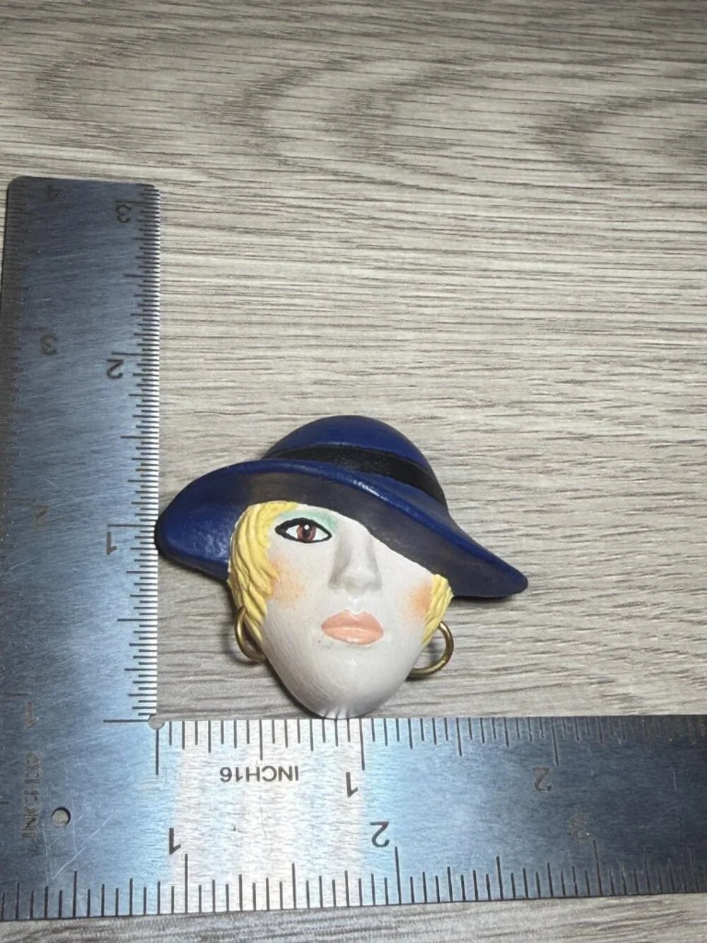 Vintage Handmade Lady Face Brooch Blue Hat Painted Art Brooch